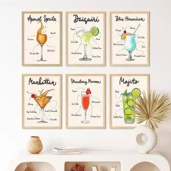 Бокал для коктейля Мохито Апероль Дайкири Настенная картина Печать на холсте Картина в скандинавском стиле Картины для гостиной Бар Кухня Декор 21x30cm No Framed