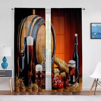 Бокалы для пива и бочка для эля на деревянном столе, тюлевые шторы для гостиной, спальни, декор, шифоновая прозрачная вуаль, кухонная занавеска 1 PCS W100XH250cm&Rod Pocket