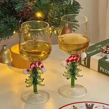 Бокалы для вина в виде рождественской елки — праздничный набор из 2 бокалов темно-зеленого цвета по 10 унций — идеальный рождественский подарок и декор — элегантная бордовая стеклянная посуда 301-400ml