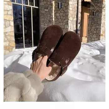 Бокен обувь с флисовым круглым носком Бокен обувь для женщин 2024 однопедальная сумка головка одиночные туфли ленивые пушистые туфли тапочки для женщин на улице 35 малиновый