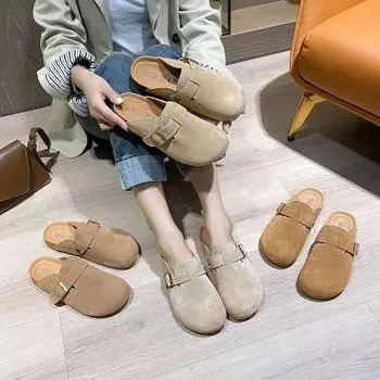 Boken полу-drag 2024 осень коровий бархат пробка плоская подошва туфли muller сумка головные тапочки Boken обувь женская верхняя одежда 35 бежевый