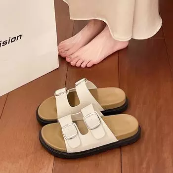 Boken thick sole word 2025 Korean version of the new summer casual slippers women s flat bottom with fashion sandals new non-slip 35