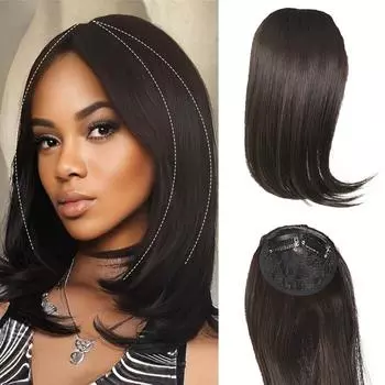 Боковая челка Челка Передняя боковая челка Челка Заколка для волос с бахромой Челка с синтетической длинной челкой Волосы 12 дюймов Темно-русый Черный