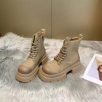 Боковая молния на толстом каблуке в британском стиле, женские ботинки из ревеня 2024 года в стиле ретро с толстой подошвой, короткие ботинки Martin 35 хаки