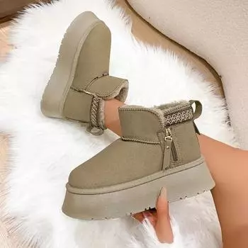 Боковая молния, увеличивающая рост подошвы, зимние ботинки в этническом стиле, теплые плюшевые толстые хлопковые туфли коричневого цвета с толстой подошвой 35 коричневый