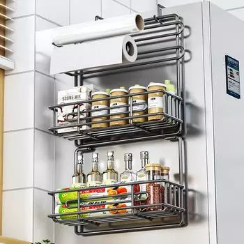 Боковой органайзер для холодильника, многослойная настенная боковая вешалка для холодильника, полка для кухни, органайзер для специй, стойка для холодильника, кухонные гаджеты 3 layer чёрный