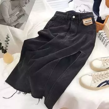 Боковой разрез Женская летняя облегающая юбка-бюстье с высокой талией, тонкая секция А-силуэта средней длины, универсальная удобная модная джинсовая юбка-бюстье S светло-синий