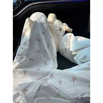 Боковые карманы, прямые брюки, тонкие длинные белые джинсы с цветочным принтом, женские джинсовые брюки, большие размеры 4XL, повседневная корейская одежда 2024 года, y2k e-girl 2000s S белый