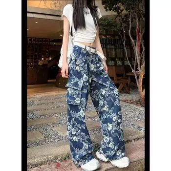 Боковые карманы с цветочным принтом, свободные прямые брюки-карго, синие джинсы, женские джинсовые брюки с высокой талией, летние осенние джинсовые модные повседневные брюки S синий