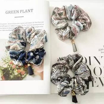 Большая эластичная повязка для волос с принтом в стиле Богемия, резинки для волос, винтажная тканевая кисточка, веревки для волос, кольцо, повязка на голову для женщин и девочек, аксессуары для волос бездна