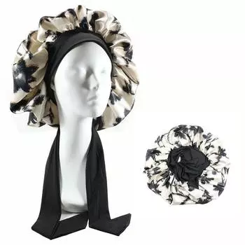 Большая атласная шапочка для волос, обруч для волос, кудрявая шелковая шапочка для волос, спящая женская Black leopard print