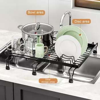 Большая черная сушилка для посуды, регулируемая выдвижная полка для сушки посуды для кухонной раковины, нержавеющая кухонная столешница, органайзер A чёрный
