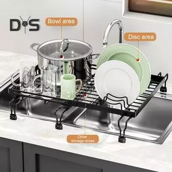 Большая черная сушилка для посуды, регулируемая выдвижная полка для сушки посуды для кухонной раковины, нержавеющая кухонная столешница, органайзер A чёрный