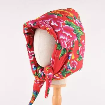 Большая цветочная тканевая шапка для головы женская зимняя хлопковая шапка-тюрбан этническая деревенская девушка теплая холодная защитная шапка для ушей Lei Feng One Size красный