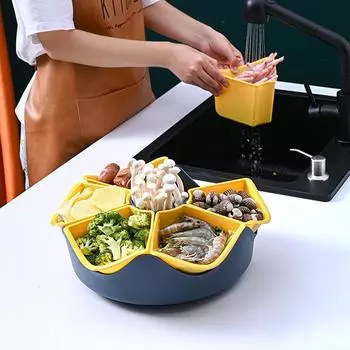 Большая двухслойная тарелка для овощей и фруктов с 7 решетками, загруженная, вымытая и вымытая посуда, корзина для овощей, вращающаяся тарелка для подогрева. красный