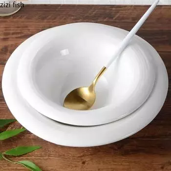 Большая емкость Чисто белая суповая миска Керамическая обеденная тарелка Десертная миска Фруктовая тарелка Салатницы Лапша Поднос для димсамов