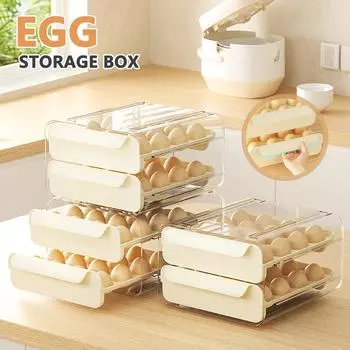 Большая емкость для яиц для холодильника, прозрачный контейнер для яиц на 32 ячейки с ручками, складной ящик для хранения на 2 ящика 1PCS серый