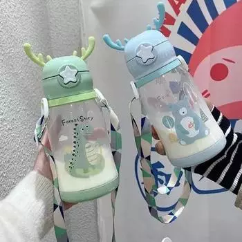 Большая емкость для воды, чашка-непроливайка для воды в виде рогов, портативная детская чашка для воды с рисунком и соломинкой, герметичная бутылка для воды, реактивная чашка 501-600ml розовый