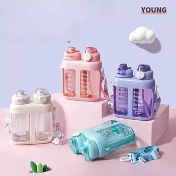 Большая емкость, двойная чашка для напитков, двойная складская чашка, детская чашка, соломенная чашка, студенческая пластиковая чашка, летняя спортивная чашка для чайника на открытом воздухе 1600ML розовый