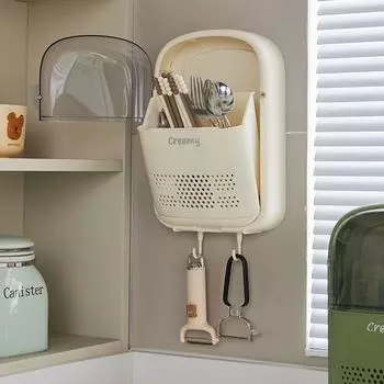 Большая емкость настенный держатель для столовых приборов пластиковый ящик для хранения посуды для кухни бежевый
