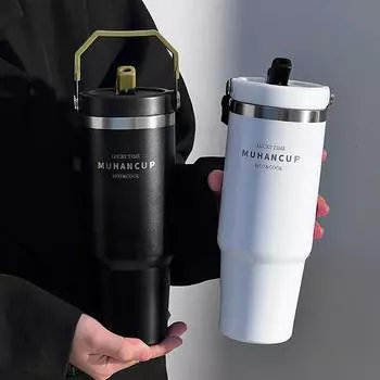 Большая емкость портативный термос из нержавеющей стали для льда чашка высокого уровня внешнего вида удобная чашка для воды с соломинкой для девочек автомобильная кофейная чашка 900ml