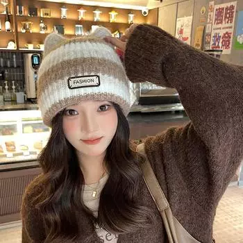 Большая голова вокруг лица маленькая шапка женская осень и зима свободная черная шапка бини универсальная теплая вязаная шапка все код бежевый average size