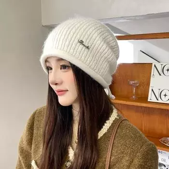 Большая голова вокруг лица маленькая шапка женская осень и зима свободная черная шапка бини универсальная теплая вязаная шапка все код бежевый One size белый