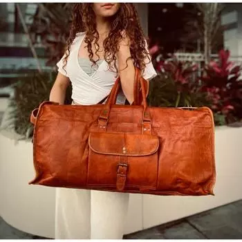 Большая качественная кожаная дорожная сумка Duffel Gym Men Bag Night Weekend 24 x 9 x 9 in коричневый