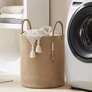 Большая корзина для хранения, высокая плетеная декоративная корзина для белья с ручками, складная хлопковая веревка для одежды, детские игрушки, гостиная белый