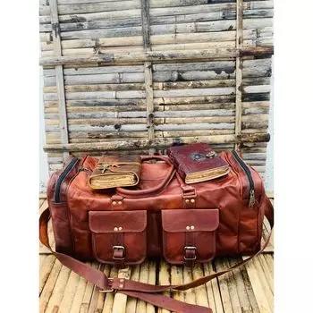 Большая кожаная дорожная сумка ручной работы из натуральной козьей кожи с 2 ежедневниками в подарок 24 x 10 x 10 in коричневый