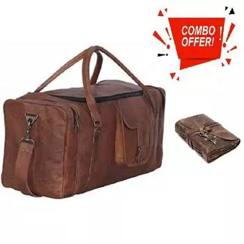 Большая кожаная дорожная сумка шириной 25 дюймов, винтажная спортивная сумка для выходных и ночных прогулок. С комбинированным кожаным дневником 25 x 11 x 11 in коричневый