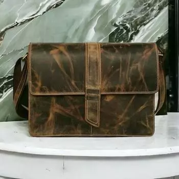 Большая кожаная сумка MESSENGER 18 дюймов для мужчин, сумка через плечо, мужская сумка для ноутбука BRIEFCASE 18 x 13 x 5 in коричневый