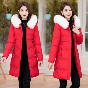 Большая красная пуховая хлопковая куртка женская средняя и длинная тонкая темпераментная куртка уменьшающая возраст зимняя утолщенная теплая куртка L