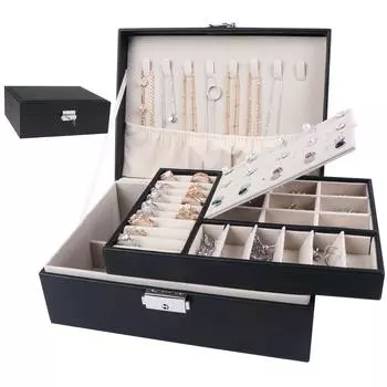 Большая креативная шкатулка для драгоценностей из искусственной кожи для женщин и девочек, двухслойная, с замком чёрный