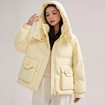 Большая круглая пряжка 2024 новая белая куртка на утином пуху женская короткая модная универсальная утепленная куртка с капюшоном S size 90-60kg белый