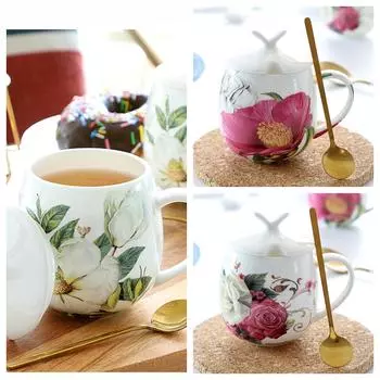 Кружка из костяного фарфора с крышкой и ложкой, кружка с большим животом, 3 стиля, керамическая кружка, милые кружки с цветочным рисунком, кофейная чашка 450 мл