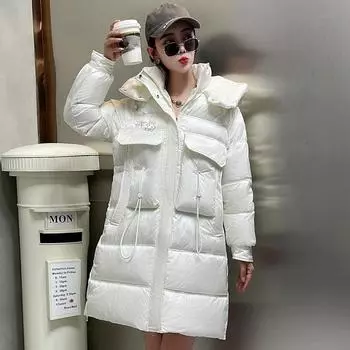 Большая куртка средней длины, утолщенная зимняя новая модная куртка с капюшоном 2023, свободная облегающая куртка L чёрный