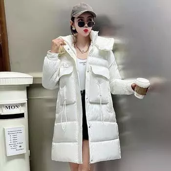 Большая куртка средней длины, утолщенная зимняя новая модная куртка с капюшоном 2023, свободная облегающая куртка L чёрный