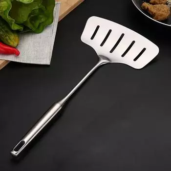 Большая лопатка для жарки рыбы из нержавеющей стали, совок для сковороды с антипригарным покрытием, длинная деревянная ручка, плоская лопатка с прорезями для стейков, кухонный инструмент для приготовления пищи