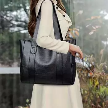 Большая мягкая кожаная сумка женская New Tide корейская версия всего простого большого объема сумка через плечо чёрный