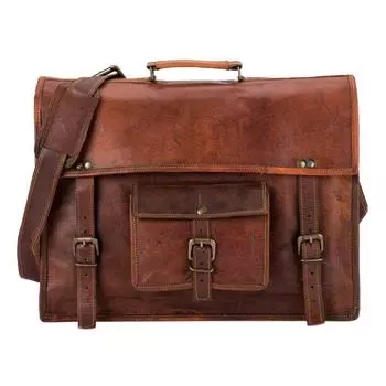 Большая мужская натуральная винтажная коричневая кожаная сумка через плечо портфель для ноутбука 11 x 15 x 4 in коричневый