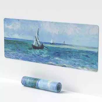 Большая мышь с изображением Ван Гога, масляная живопись, водонепроницаемая, настольная, удлиненная клавиатура, коврик для мыши, офисный коврик для стола x резиновая основа с зашитым краем, парусный корабль, блокнот для письма