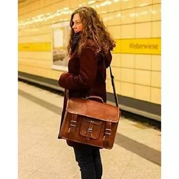 Большая натуральная козья кожа, винтажная коричневая сумка через плечо для ноутбука, портфель 11X15X3 коричневый