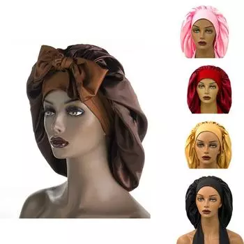 Большая ночная шапочка для сна, атласный чехол на голову, регулируемый атласный ремешок чёрный