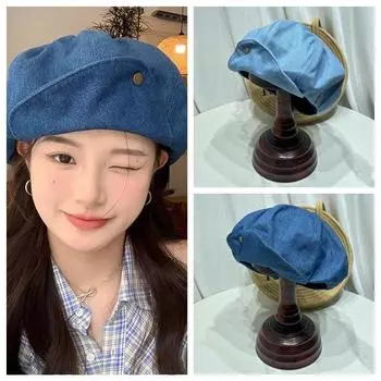 Большая окружность головы Джинсовый берет Британская джинсовая восьмиугольная шляпа Дышащая джинсовая шляпа художника Женская шляпа темно-синий