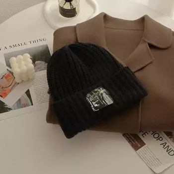 Большая окружность головы показывает лицо, маленькая шерстяная шапка из ткани, женская осенне-зимняя модная универсальная вязаная шапка для пары, утолщенная теплая холодная шапка One Size