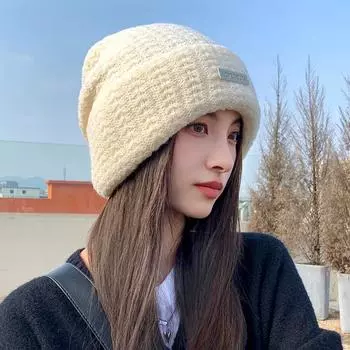 Большая окружность головы показывает маленькое лицо шапка женская осенне-зимняя свободная защитная шерстяная шапка для защиты ушей холодная шапка модная универсальная теплая вязаная шапка Elastic (54-60cm) чёрный