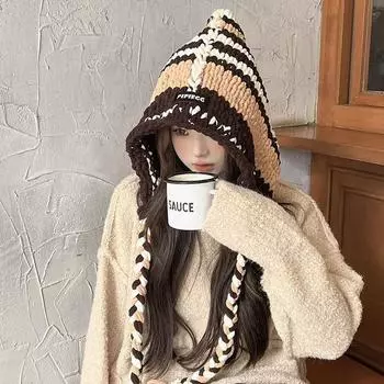 Большая окружность головы полосатая длинная коса защитные уши шапка женская осень и зима теплая Интернет знаменитость универсальный толстая шерсть показать лицо M56-58cm