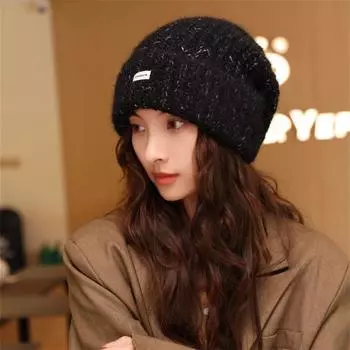 Большая окружность головы шерстяная шапка Женская с маленьким лицом Зимняя теплая шерстяная защитная наушник Вязаная шапка Шерстяная шапка elastic (56-60cm) чёрный