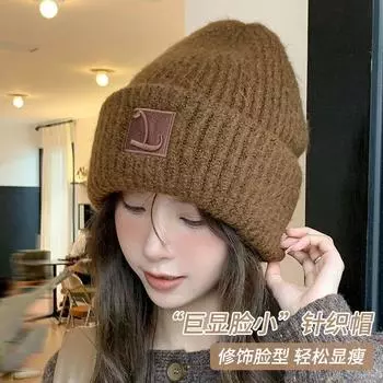 Большая окружность головы шерстяная шапка женская согреет осенью и зимой свободный ворс холодная шапка защита ушей вязаная большая лицо показывает маленькое лицо One Size бежевый